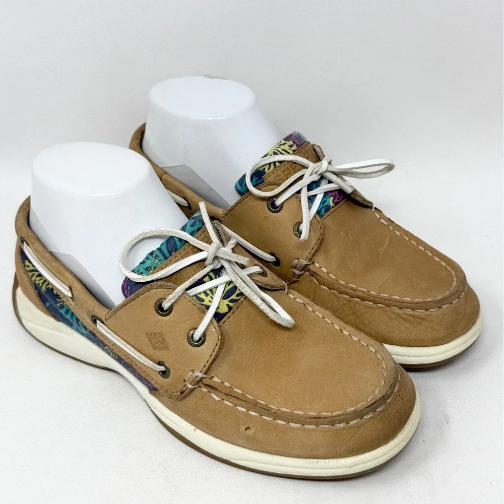 Sperry Topsider Womens 60556 7M Tan Leather Navy Coral Design Boat Deck Preppy